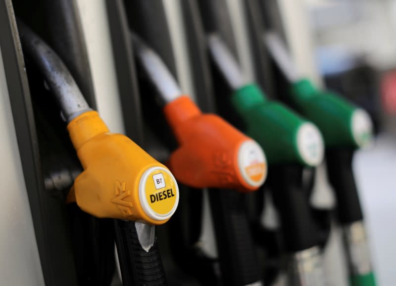 FILE PHOTO: Fuel nozzles at a petrol station in Nice, France