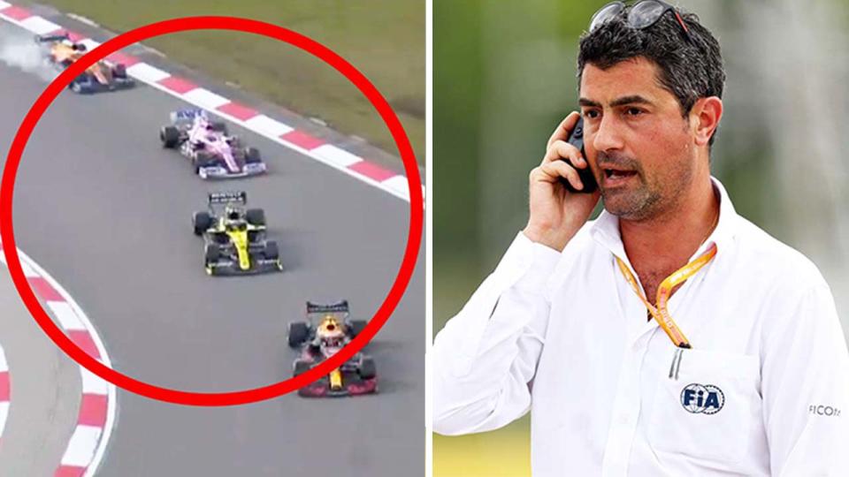 Michael Masi (pictured right) on the phone and (pictured left) the 2020 Eifel GP race.