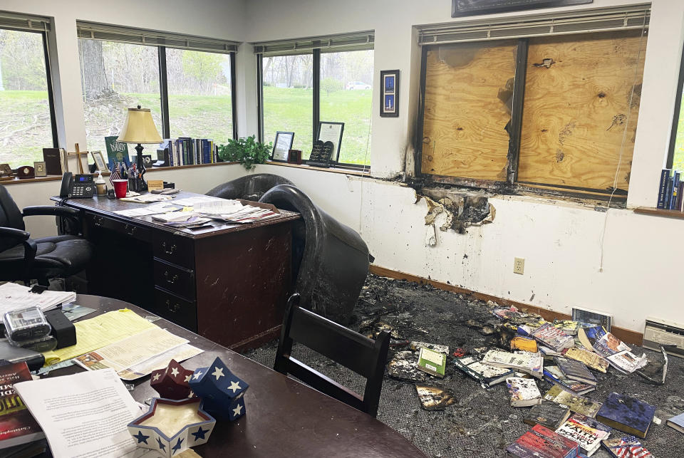 Damage is seen in the interior of Madison's Wisconsin Family Action headquarters in Madison, Wis., on Sunday, May 8, 2022. The Madison headquarters of the anti-abortion group was vandalized late Saturday or early Sunday, according to an official with the group. (Alex Shur/Wisconsin State Journal via AP)