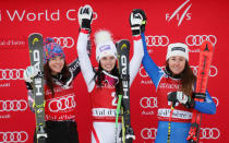 Alpine Skiing - Women's Alpine Skiing World Cup Super G - Val d´Isere, France - December 17, 2017 Austria's Anna Veith celebrates winning the Women's Super G on the podium with second placed Tina Weirather of Liechtenstein and third placed Sofia Goggia of Italy REUTERS/Robert Pratta