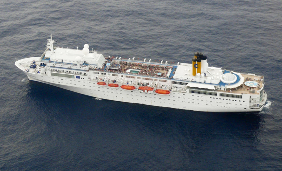 In this photo taken by the Indian Navy on Monday, Feb. 27, 2012 and released by the Seychelles Office of the President on Tuesday, Feb. 28, 2012, the Costa Allegra cruise ship is seen from an airplane at sea near the Seychelles. A French fishing vessel reached the Italian cruise ship drifting powerless in the Indian Ocean overnight and was towing it to a nearby Seychelles island, the Seychelles Coast Guard said Tuesday. (AP Photo/Indian Navy via Seychelles Office of the President)