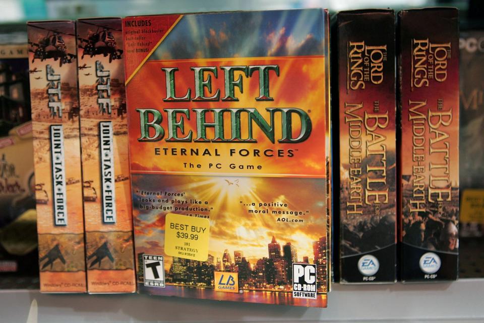 Copies of "Left Behind: Eternal Forces" video games, which are based on a popular series of Christian novels about the apocalypse. (Photo: Scott Olson via Getty Images)