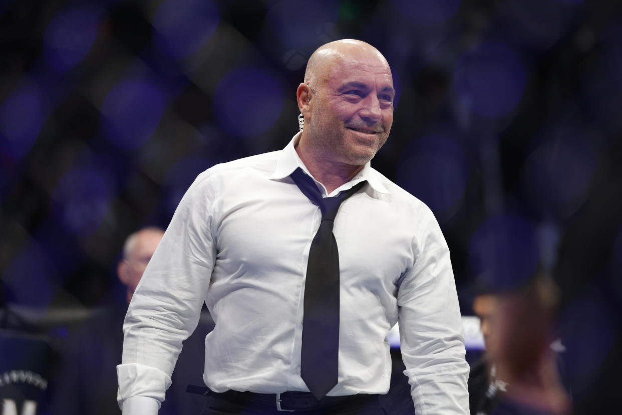 Aug 20, 2022; Salt Lake City, Utah, USA; Joe Rogan after the fight between Amir Albazi (red gloves) and Francisco Figueiredo (blue gloves) during UFC 278 at Vivint Arena. Mandatory Credit: Jeffrey Swinger-USA TODAY Sports