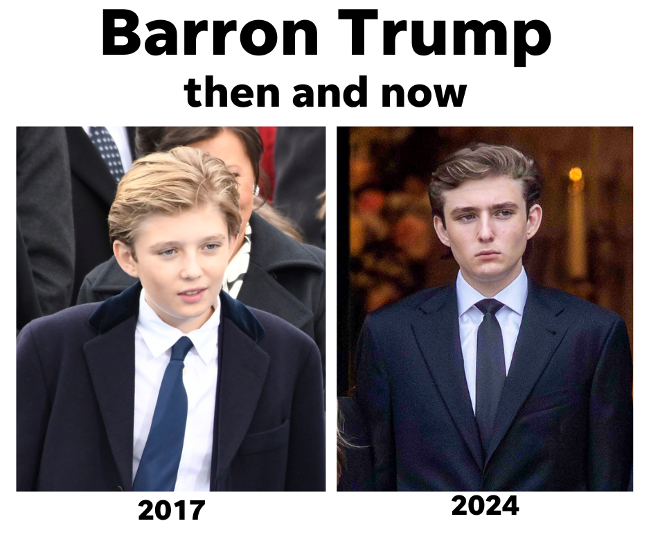 Barron Trump during the 2017 presidential inauguration and in January 2024.