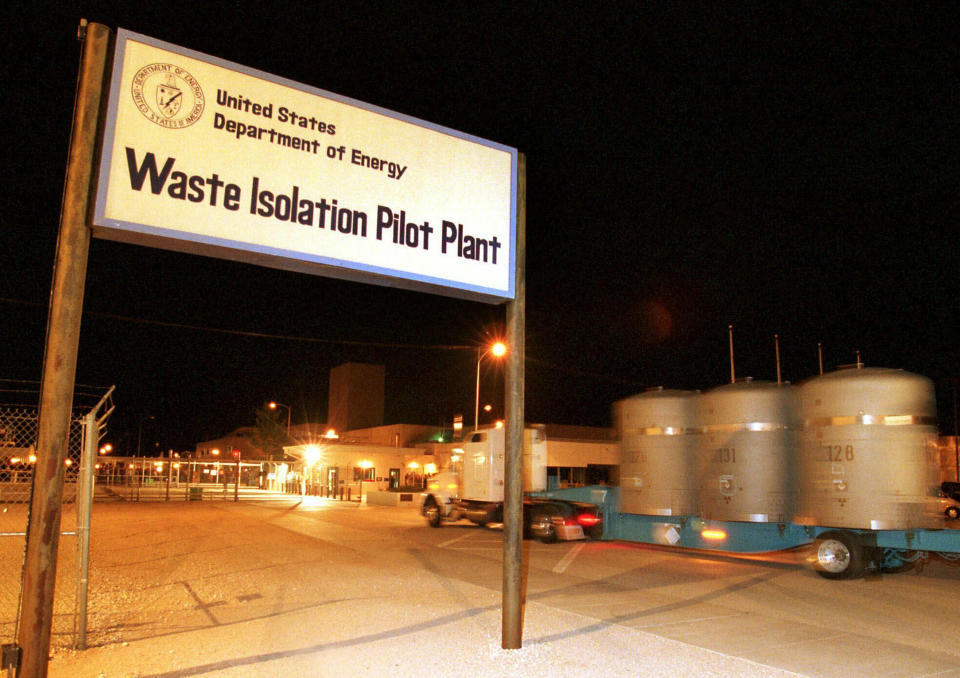 FILE - In this March 26, 1999, file photo, the first load of nuclear waste arrives at the Waste Isolation Pilot Plant site in Carlsbad, N.M., from Los Alamos National Laboratory. A fight is raging in courts and Congress over where radioactive materials should be stored and how to safely get the dangerous remnants of decades of bomb-making and power generation to a permanent resting place. (AP Photo/Thomas Herbert, File)