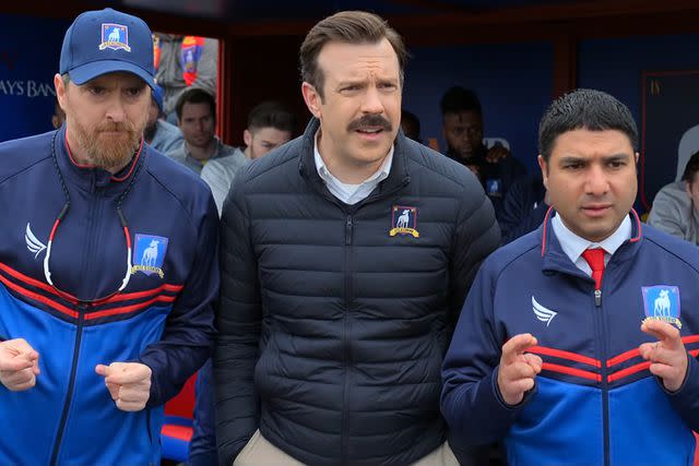 Apple TV+ Brendan Hunt as Coach Beard, Jason Sudeikis as Ted Lasso and Nick Mohammed as Nathan Shelley on season 2 of 'Ted Lasso'.