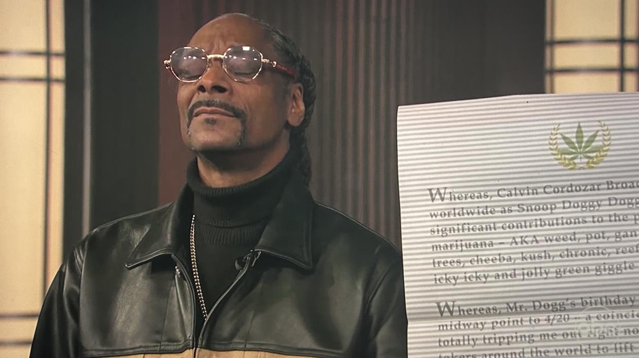 Snoop Dogg savors Kimmel's reading of the DoggFather's Day proclamation.