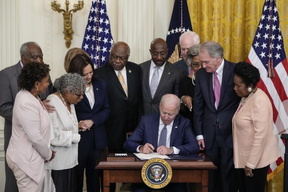 <div class="inline-image__caption"><p>President Joe Biden signs the Juneteenth National Independence Day Act into law in the East Room of the White House on June 17, 2021 in Washington, DC.</p></div> <div class="inline-image__credit">Drew Angerer</div>