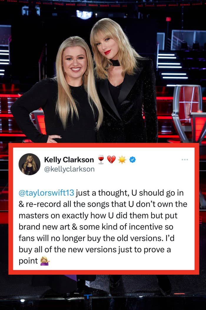 Taylor and Kelly with the text of Kelly's tweet giving taylor the idea to rerecord