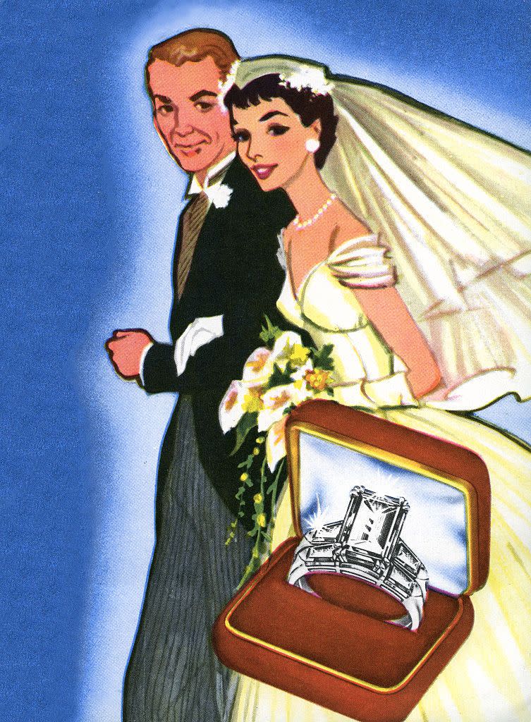 <p>It's no coincidence that the models in this 1950s jewelry ad look identical to JFK and Jackie on their wedding day. Their nuptials reignited an interest in glamour, starting with the popularity of the emerald cut engagement ring. </p>