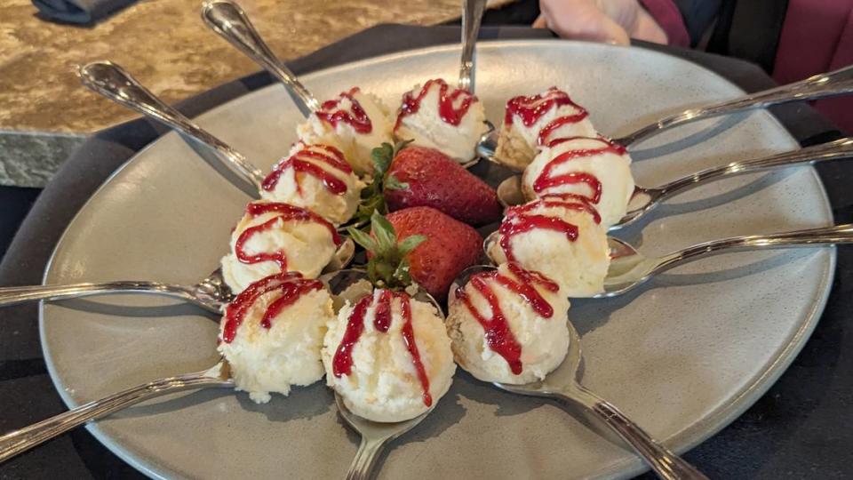 Guests at the Outback Steakhouse ribbon-cutting event were able to enjoy sample bites of New York-style cheesecake. This and other desserts are available by the slice.