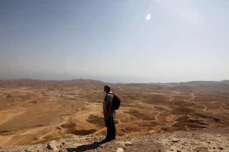 Oren Gutfeld, an Israeli archaeologist at Hebrew University in Jerusalem, looks on towards the desert area above tunnels, he believes are related to the Copper Scroll, near the Qumran area, in the Israeli-occupied West Bank October 14, 2018. Picture taken October 14, 2018. REUTERS/Ronen Zvulun