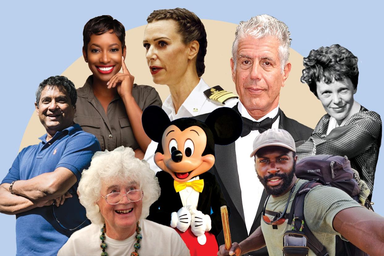 From Left to Right: Floyd Cardoz, Kellee Edwards, Jan Morris (below), Mickey Mouse, Kate McCue (above), Anthony Bourdain, Mario Rigby, Amelia Earhart