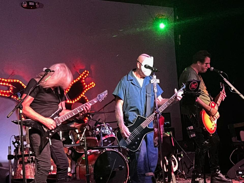 Florida House Rep. Joel Rudman, on the right, formed a heavy metal rock band during the COVID pandemic. The group calls itself the Freedom Fighters and performed at a Halloween Party held at Fire Betty's in Tallahassee, Oct. 18, 2023