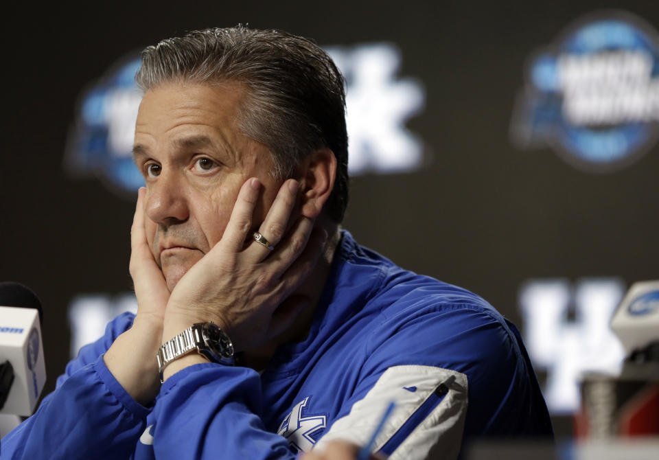 Kentucky head coach John Calipari listens to a question during a news conference at the NCAA tournament college basketball tournament Saturday, March 30, 2019, in Kansas City, Mo. Kentucky is set to play Auburn in the Midwest regional final on Sunday. (AP Photo/Jeff Roberson)