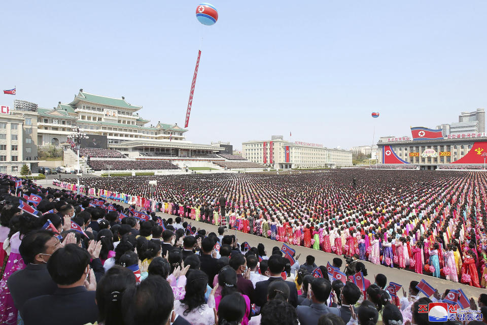 In this photo provided by the North Korean government, a parade is held to celebrate the 110th birth anniversary of its late founder Kim Il Sung, at the Kim Il Sung Square in Pyongyang, North Korea Friday, April 15, 2022. Independent journalists were not given access to cover the event depicted in this image distributed by the North Korean government. The content of this image is as provided and cannot be independently verified. Korean language watermark on image as provided by source reads: "KCNA" which is the abbreviation for Korean Central News Agency. (Korean Central News Agency/Korea News Service via AP)