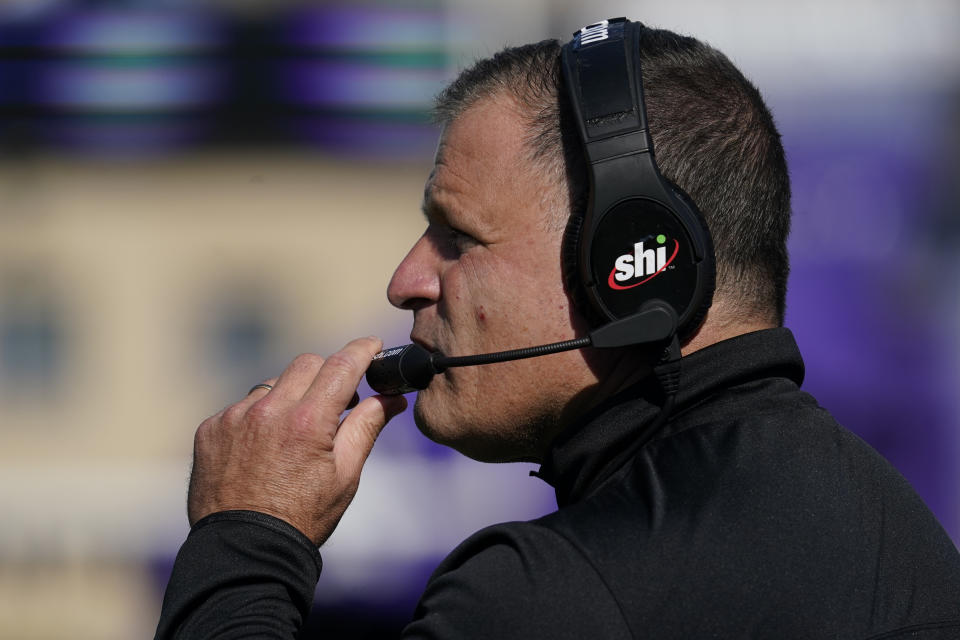 Rutgers head coach Greg Schiano watches his team during the first half of an NCAA college football game against Northwestern in Evanston, Ill., Saturday, Oct. 16, 2021. (AP Photo/Nam Y. Huh)