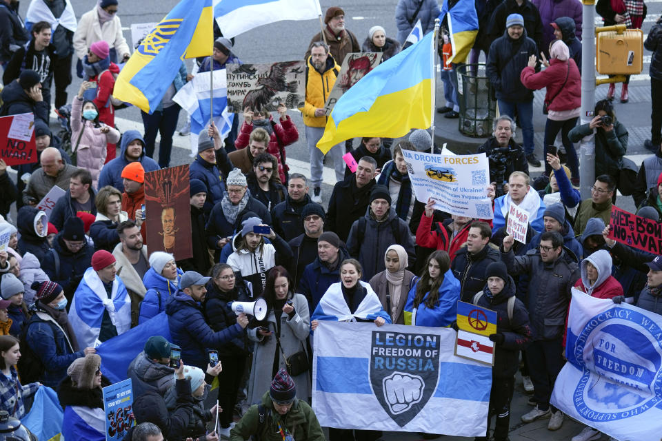 Protesters rally in support of Ukraine, Friday, Feb. 24, 2023, during a demonstration across the street from United Nations headquarters in New York,. (AP Photo/Seth Wenig)