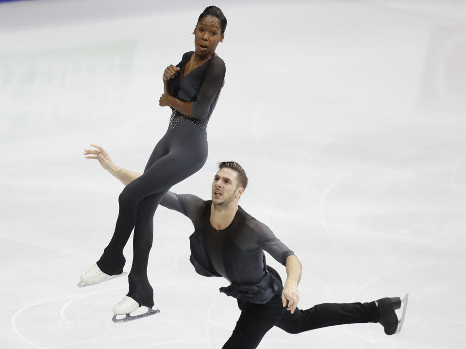 Vanessa James and Morgan Cipres of France perform in the pairs free skating at the ISU European figure skating championships in Minsk, Belarus, Thursday, Jan. 24, 2019. (AP Photo/Sergei Grits)