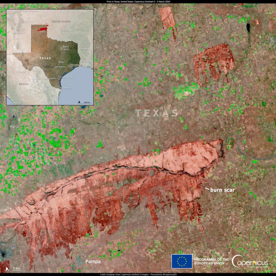In an image from 2 March, acquired by one of the Copernicus Sentinel-2 satellites, the burn scar can be seen north of the city of Pampa, Texas (European Union/Copernicus Sentinel-2)