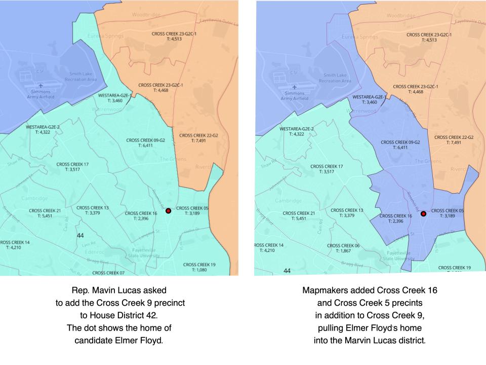 These maps show the location of the home of former state Rep. Elmer Floyd, a 2024 candidate legislative, in relation to how House Districts 42 and 44 were altered when several Fayetteville voting precincts were added to District 42 at the request of state Rep. Marvin Lucas. Lucas said he only wanted Precinct 9. But the altered map also added Precinct 5, where Floyd lives. Floyd wanted to stay in District 44.