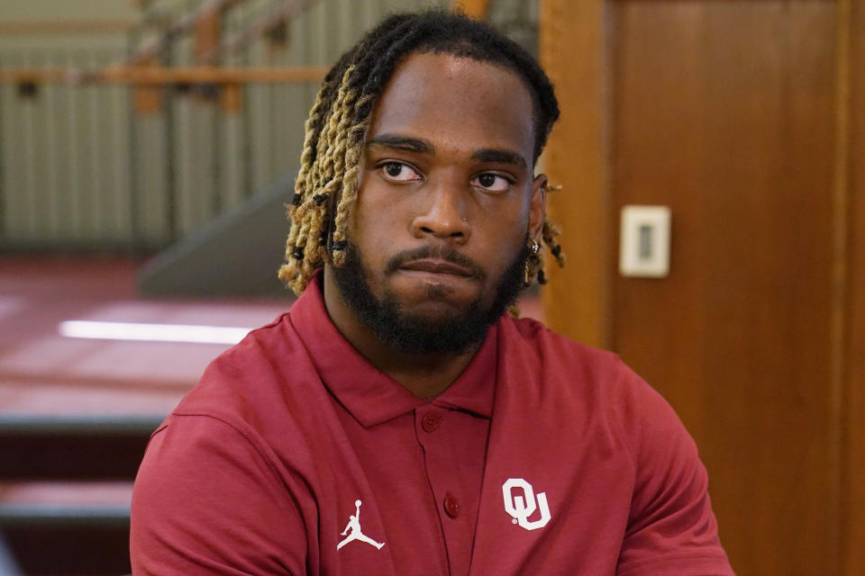 FILE - Oklahoma's Eric Gray speaks during an NCAA college football media day, Tuesday, Aug. 2, 2022, in Norman, Okla. (AP Photo/Sue Ogrocki, File)