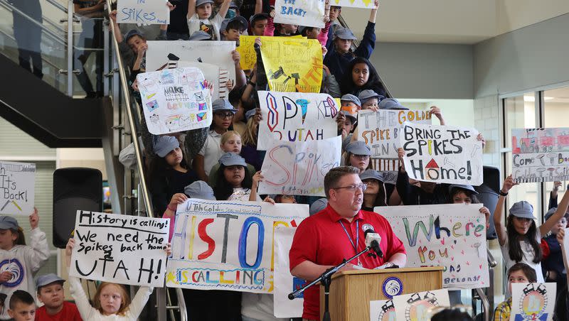 Armstrong Academy fourth grade students and their teacher David Pendleton kick off the student-led Spikes2Utah letter writing campaign during a press conference at the school in West Valley City on Friday, April 7, 2023. The Golden Spike, the ceremonial final spike driven to join the rails of the transcontinental railroad, is not in Utah but instead housed at the Cantor Arts Center at Stanford University in California.