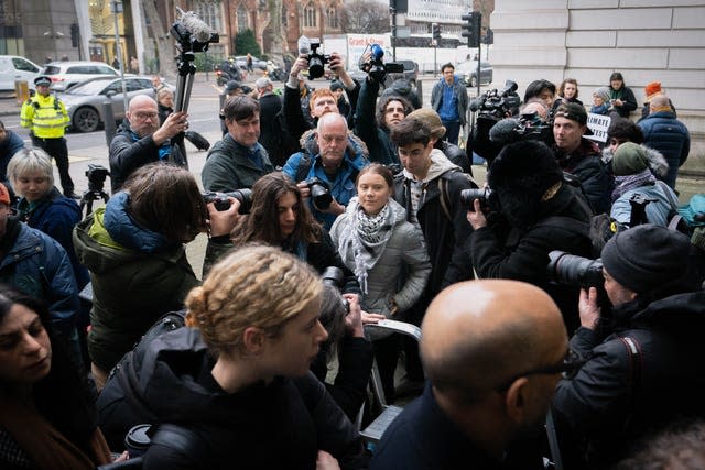 Greta Thunberg, centre, outside Westminster Magistrates’ Court