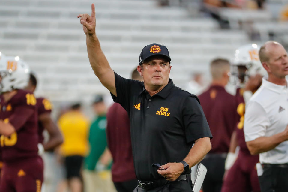 Arizona State Sun Devils defensive coordinator Danny Gonzales calls out to his team before a game against Sacramento State on Sept. 6. (Kevin Abele/Getty Images)