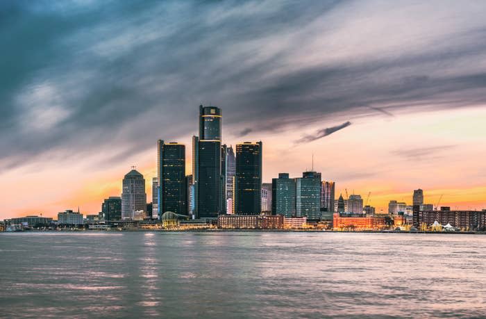 The Detroit skyline at dusk as seen from Windsor, Ontario