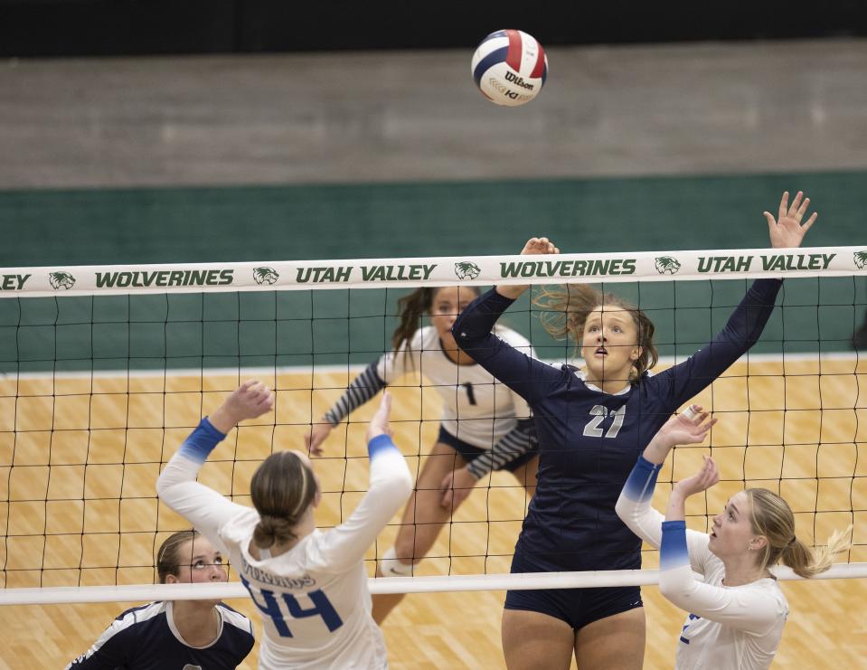 Corner Canyon and Pleasant Grove compete in 6A volleyball state tournament quarterfinals at Utah Valley University in Orem on Thursday, Nov. 2, 2023. | Laura Seitz, Deseret News