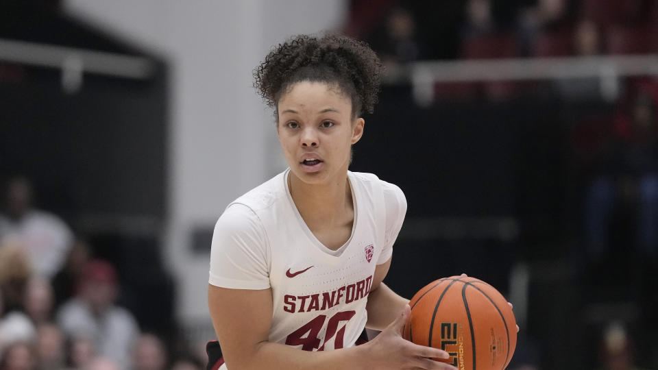 Stanford forward Courtney Ogden during an NCAA college basketball game against Arizona State in Stanford, Calif., Sunday, Feb. 25, 2024. (AP Photo/Jeff Chiu)