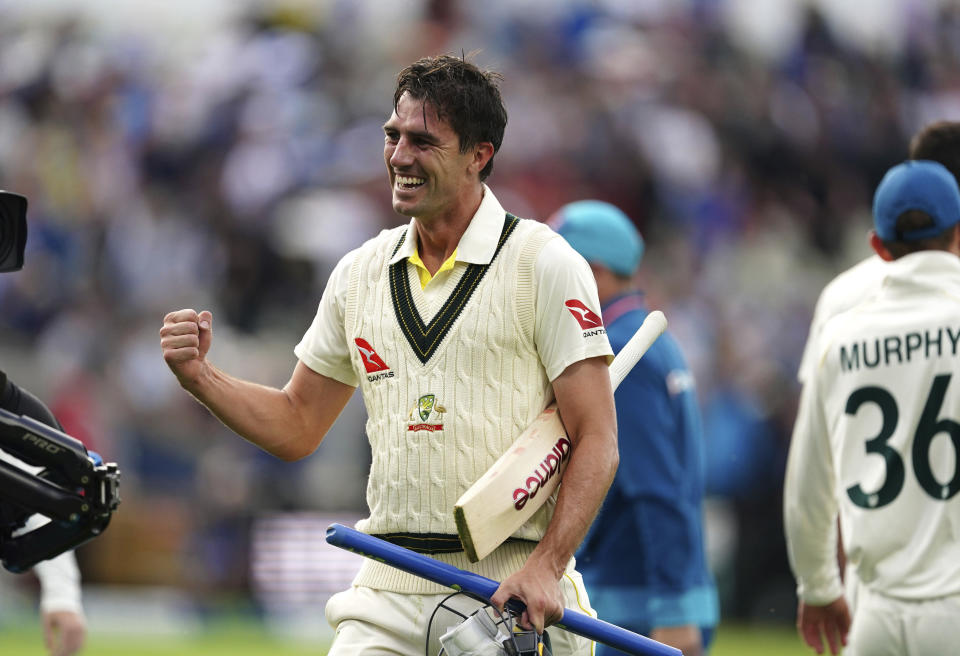 Australia captain Pat Cummins celebrates after beating England during day five of the first Ashes Test cricket match, at Edgbaston, Birmingham, England, Tuesday, June 20 2023. (Mike Egerton/PA via AP)