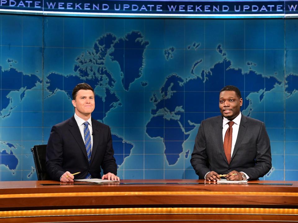 Anchor Colin Jost and anchor Michael Che during Weekend Update