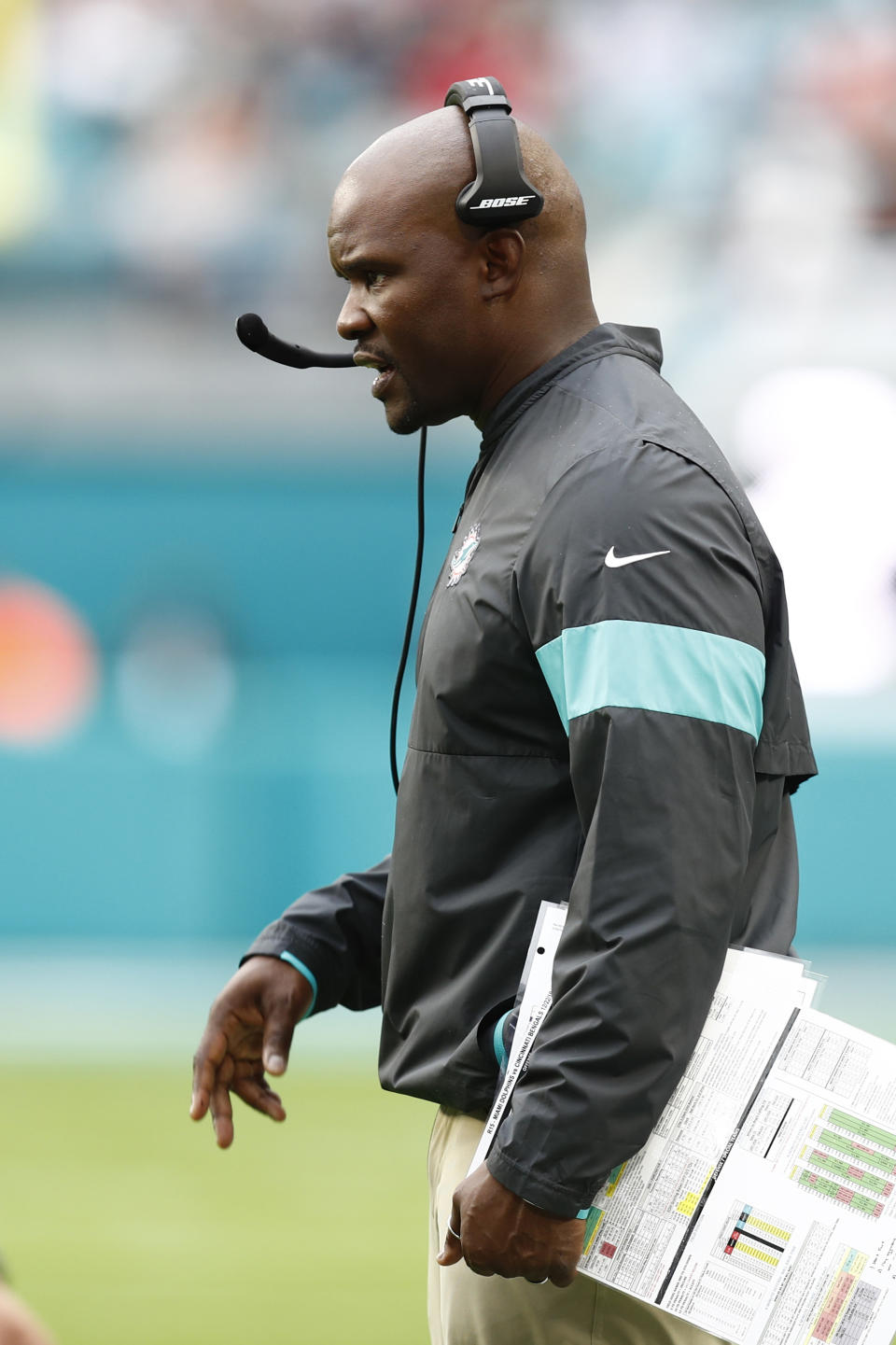 Miami Dolphins head coach Brian Flores gestures, during the first half at an NFL football game against the Cincinnati Bengals, Sunday, Dec. 22, 2019, in Miami Gardens, Fla. (AP Photo/Brynn Anderson)