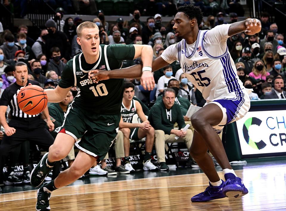 Michigan State forward Joey Hauser dribbles against High Point forward Zack Austin in the second half at Breslin Center, Dec. 29, 2021.