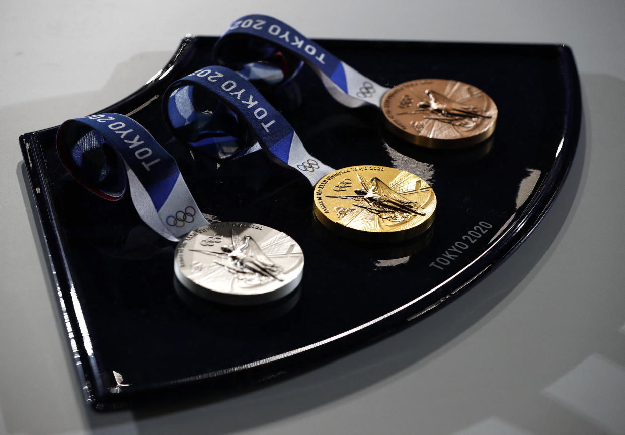 The medals and tray to be used for the medal ceremonies in Tokyo. Photo: Issei Kato/AFP via Getty Images