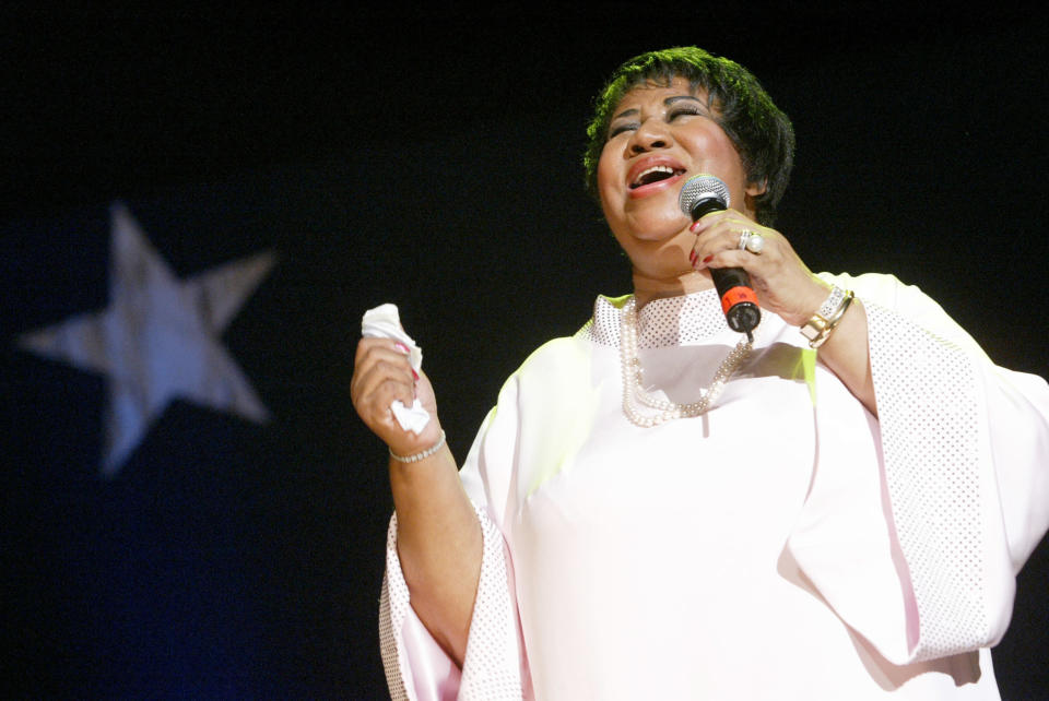 FILE - In this June 4, 2005 file photo, Aretha Franklin performs at the McDonald's Gospelfest 2005 in New York. The event celebrates gospel music and features a talent competition for choirs, steppers, praise dancers and soloists. Franklin died Thursday, Aug. 16, 2018 at her home in Detroit. She was 76. (AP Photo/Diane Bondareff, File)