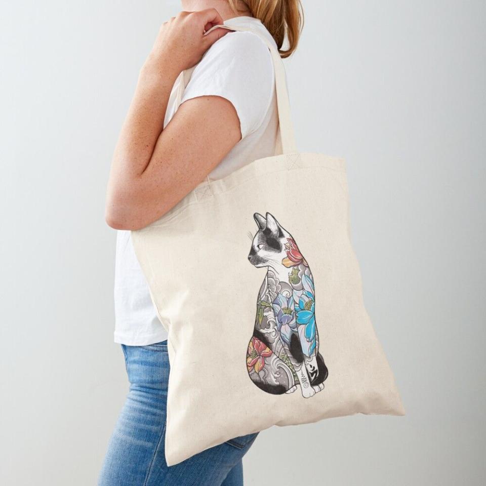 Cat in Lotus Tattoo Tote Bag