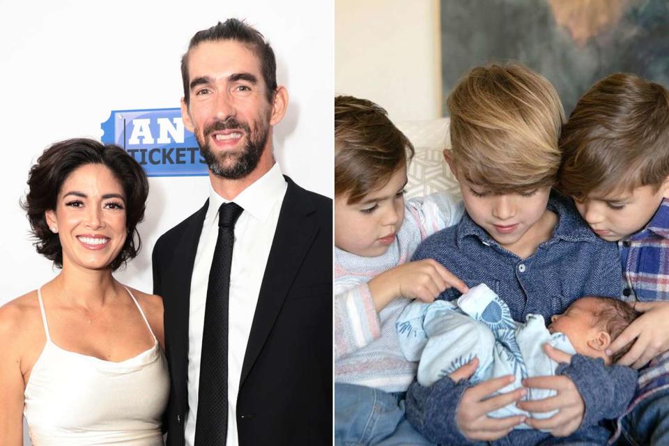 <p>Tiffany Rose/Getty Images; Boone Studios</p> Michael Phelps and his wife with their four boys