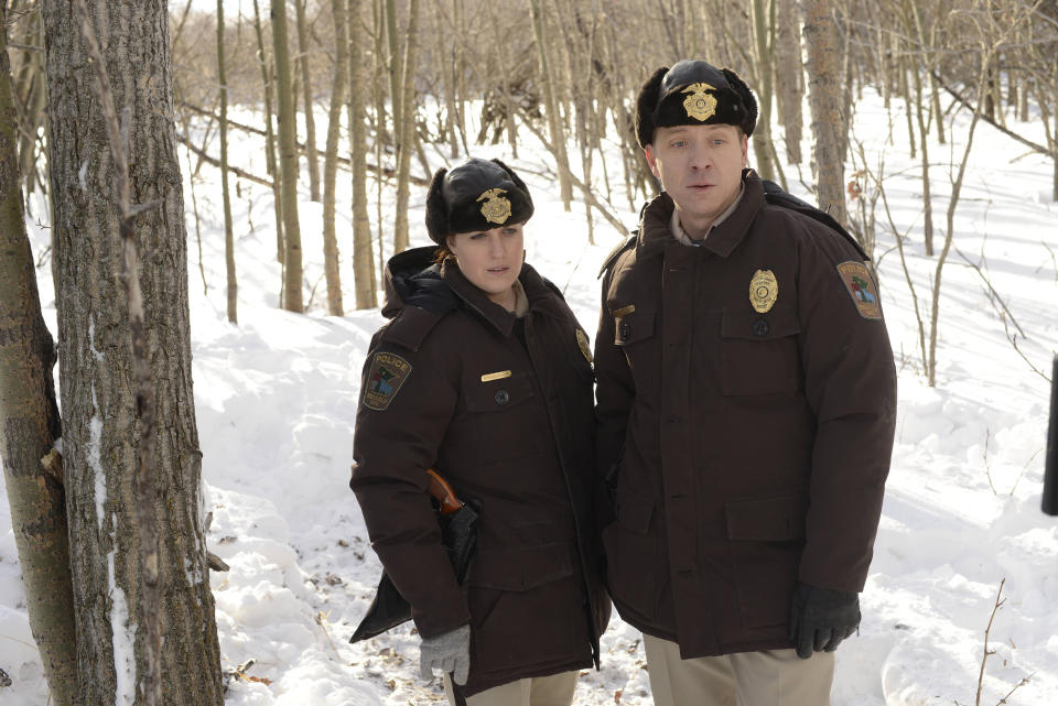 This image released by FX shows Allison Tolman as Molly Solverson, left, and Shawn Doyle as Vern Thurman in a scene from "Fargo." The 10-episode season premieres Tuesday at 10 p.m. EDT on FX. (AP Photo/FX, Chris Large)