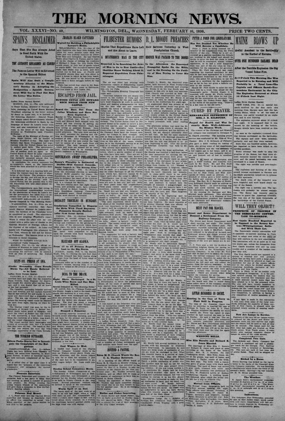 Front page of The Morning News from Feb. 16, 1898.