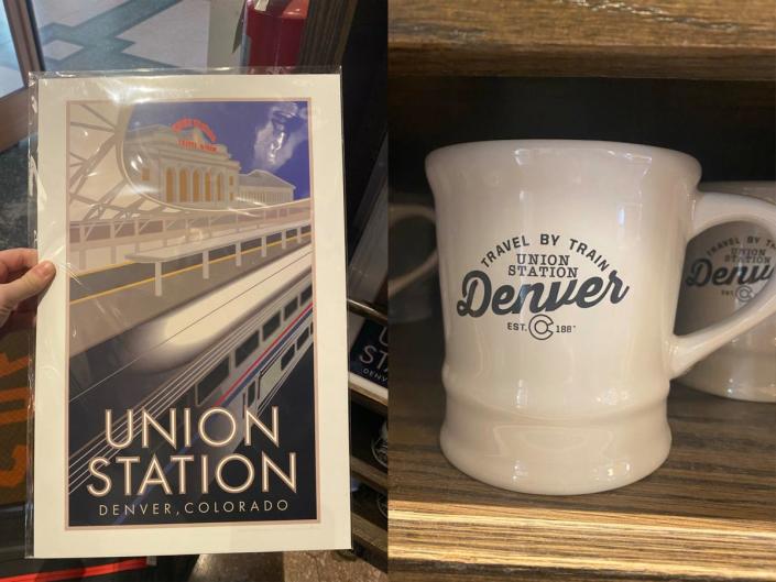 side by side images of a poster souvenir and a mug from a union station gift shop
