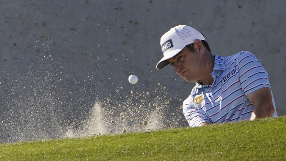 Louis Oosthuizen, of South Africa, hits out of the bunker on the 17th hole during the second round of the PGA Championship golf tournament on the Ocean Course Friday, May 21, 2021, in Kiawah Island, S.C. (AP Photo/Chris Carlson)