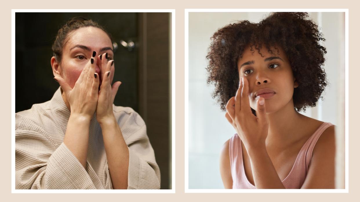  Two women pictured touching their faces to demonstrate the signs of winter skin/ in a cream template. 