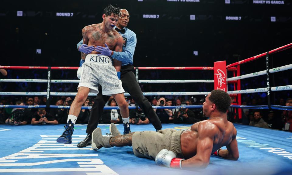 <span>Ryan Garcia reacts after a knockdown of Devin Haney during their April fight at Barclays Center.</span><span>Photograph: Cris Esqueda/Golden Boy/Getty Images</span>