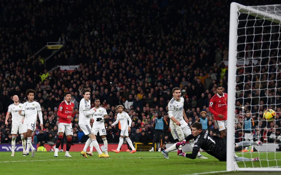 Jadon Sancho of Manchester United looks on as they score the team's second goal after Illan Meslier of Leeds United fails to make a save during the Premier League match between Manchester United and Leeds United - Michael Regan/Getty Images