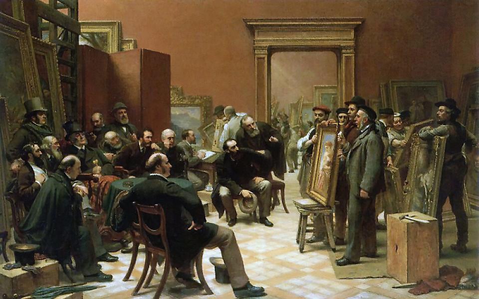 Charles West Cope's 1876 painting, The Council of the Royal Academy, selects photographs for exhibition, 1875