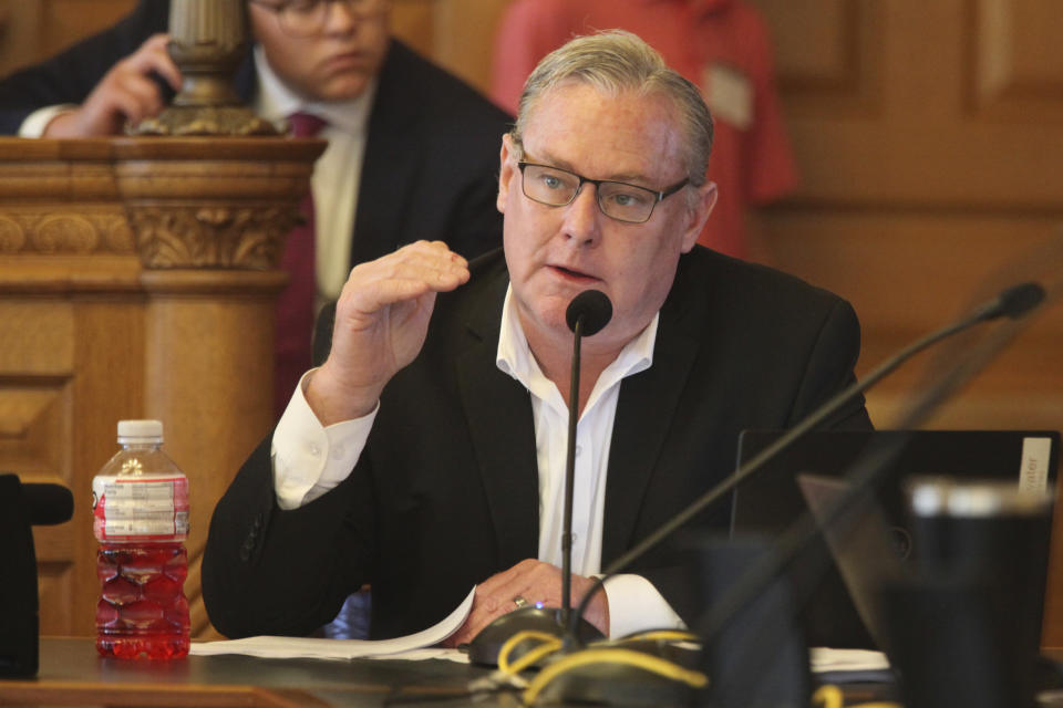 Kansas House Commerce Committee Chair Sean Tarwater, R-Stilwell, tries to persuade other House Republicans to support a proposal to help the Kansas City Chiefs finance a new stadium in Kansas, Tuesday, June 18, 2024, at the Statehouse in Topeka, Kansas. Tarwater and top GOP legislators hope to lure the Chiefs and Major League Baseball's Kansas City Royals to Kansas from Missouri. (AP Photo/John Hanna)