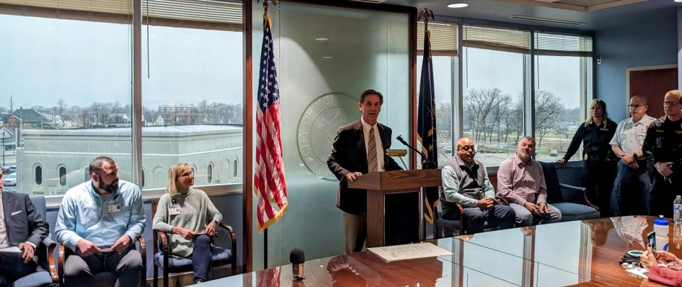 Mayor Dan Ridenour speaks during a press confence at City Hall announcing a crisis center being created to provide a place to help people facing mental health or substance abuse problems.